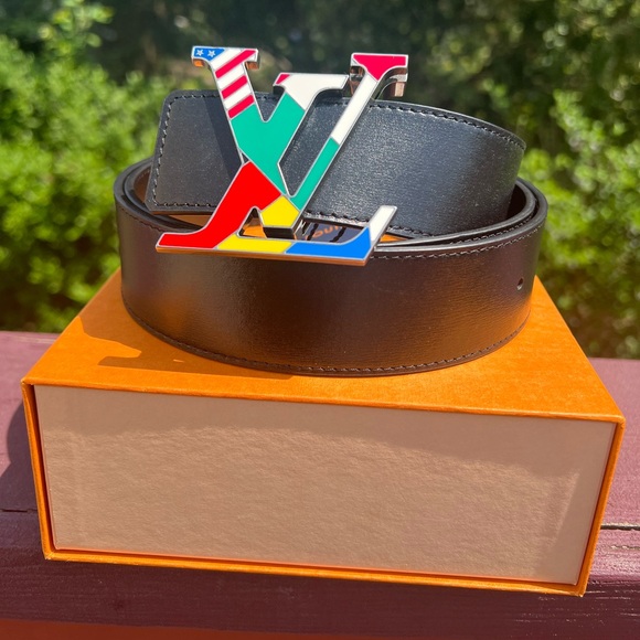 LOUIS VUITTON NEW BLACK LEATHER BELT WITH FLAG COLORFULL BUCKLE SIZE 100 - Picture 12 of 16